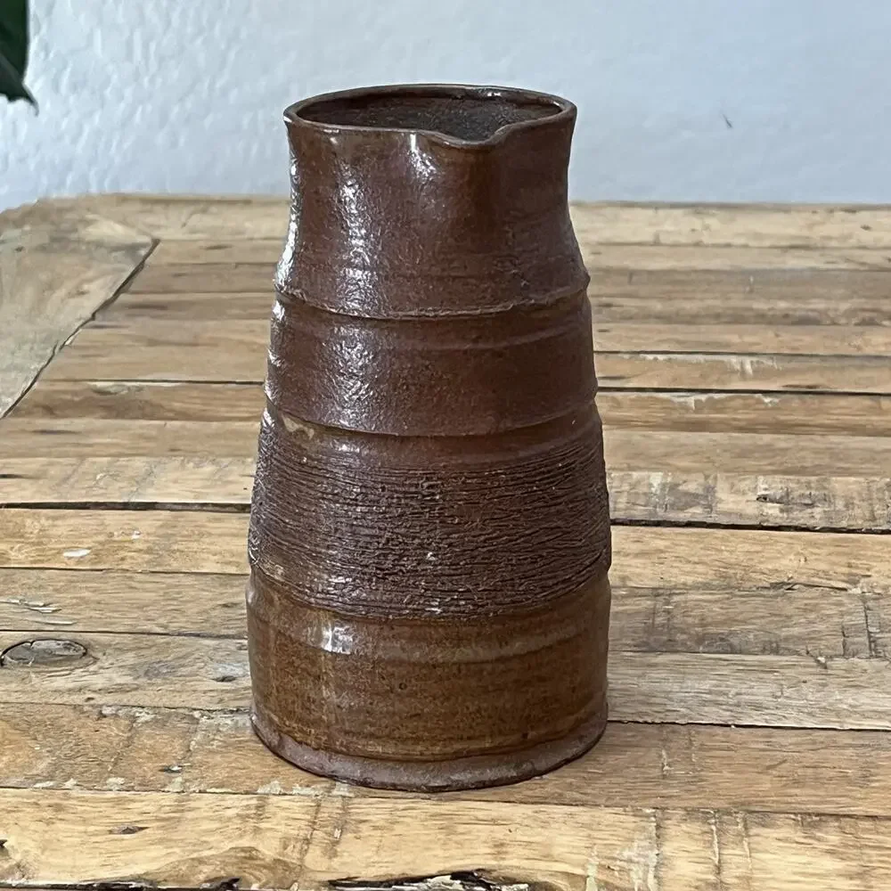 Vintage Ceramic Pitcher Stoneware 6.5 in Ridged Handmade Pour Spout